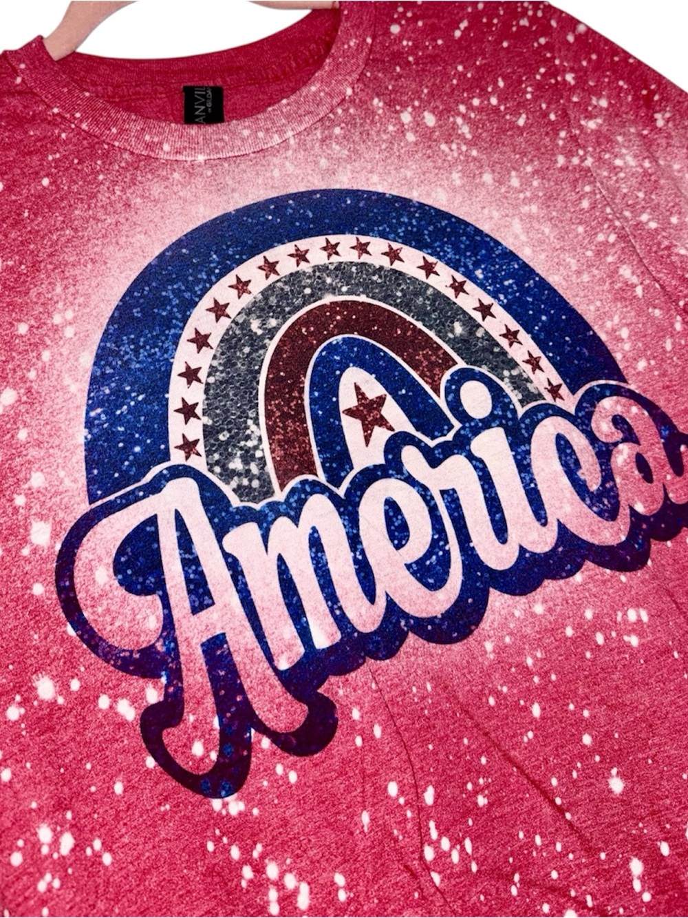 America Graphic Crewneck - Red, Blue, White Rainbow Faux-Sparkle TSHIRT - SMALL